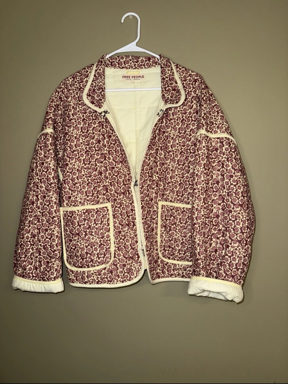 Free People Chloe Quilted Floral Jacket Maroon Combo Small